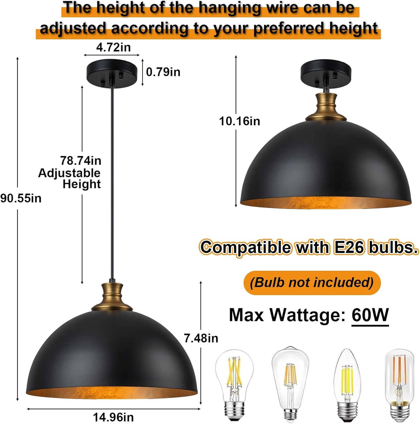 14.96" Black and Gold Pendant Light, Modern Dome Pendant Lights Kitchen Island Industrial Dome Light Fixture Hanging Lighting for Dining Room Living Room Bedroom Hallway Foyer.