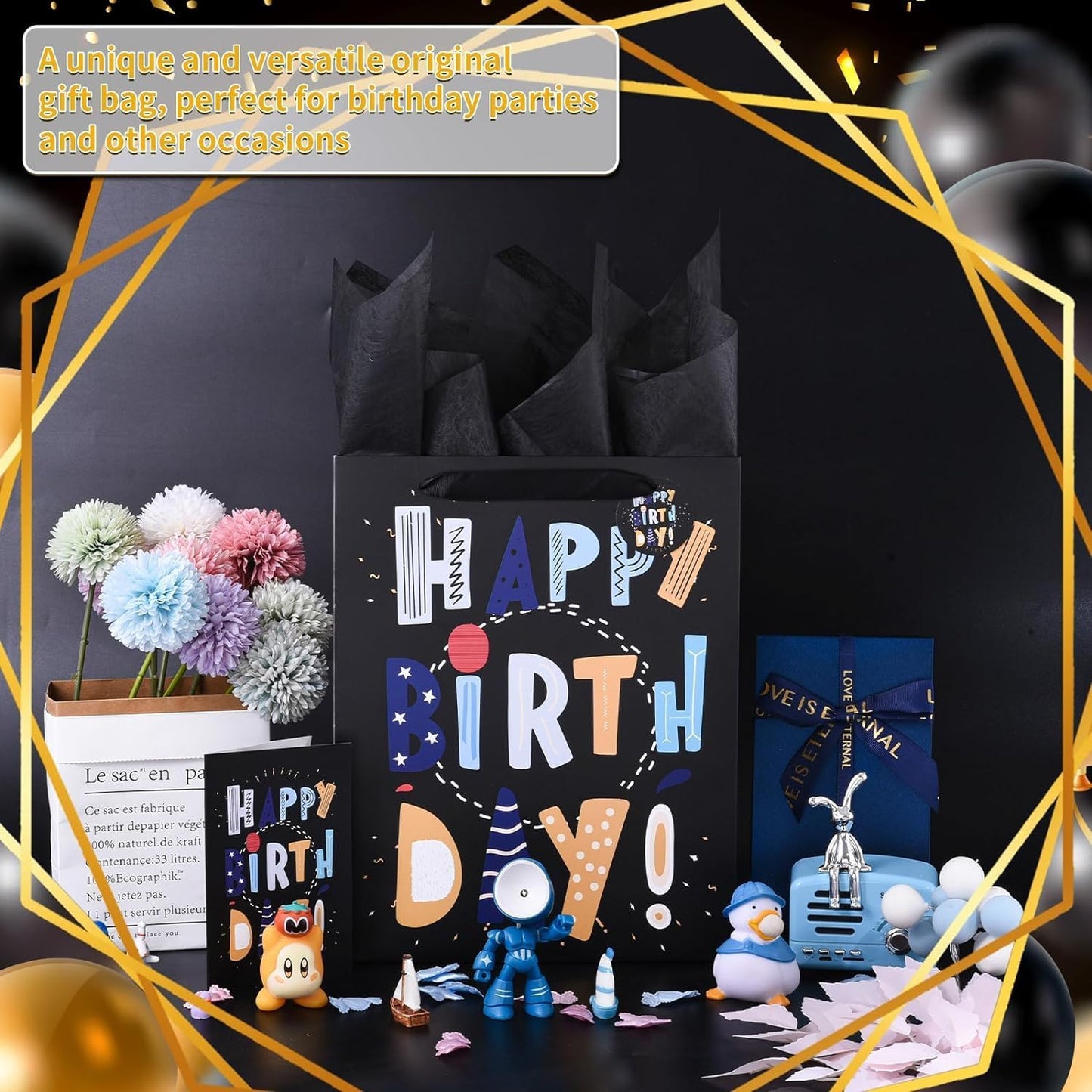 13" Black Happy Birthday Bags for Kids with Tissue Paper and Greeting Card for Party,Happy Birthday Gift Bag for Kids, Boys, Girls, Baby Boy,Men Women,Gift Bags Medium size (1 Pcs Black, Kids Gift Bag)