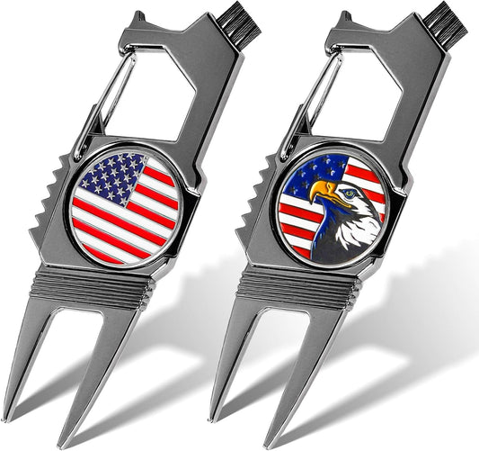 7-in-1 Golf Divot Tool with Ball Marker Value 2 Pack, Green Repair Tool Multi-Use Fixer for Pitch Mark with Clip, Premium Golf Accessories for Men Ladies