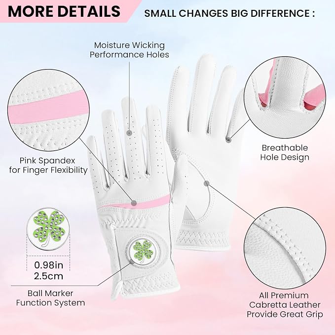 Womens Golf Glove with Clover Ball Marker 1 Pack, All Weather Grip Microfiber & - Image 2