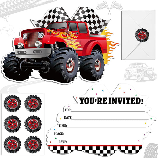 30 Sets Monster Truck Birthday Christmas Invitations with Envelopes Stickers Race Car Invitations for Boy Kids Birthday Party Supplies Decoration