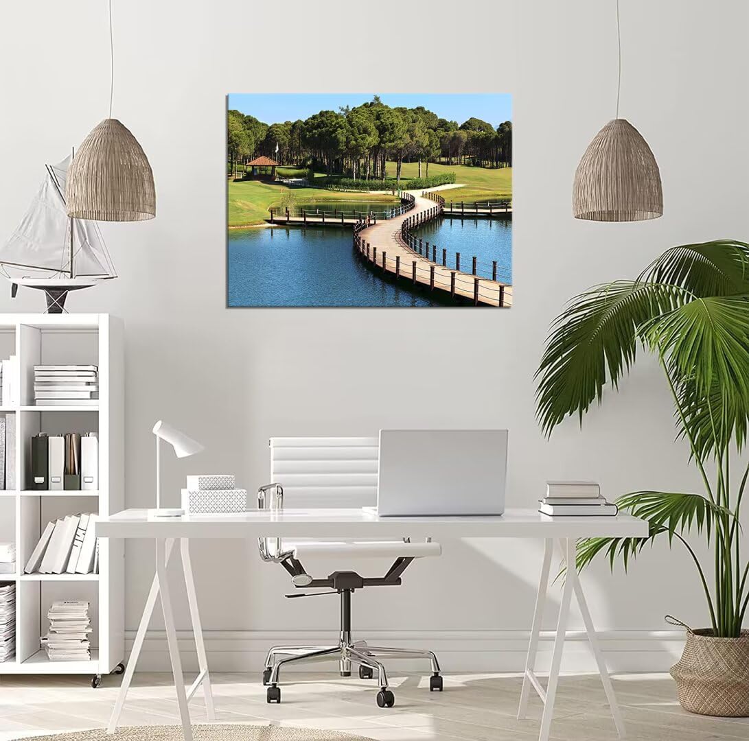 HJY Art USA Golf Course Wall Art Pictures Golf Club Wall Decor Blue Green Painting Poster for Home Decor Living Room Bedroom Bathroom Office Gym Landscape Framed Artwork Ready to Hang (12 x 16 inch)