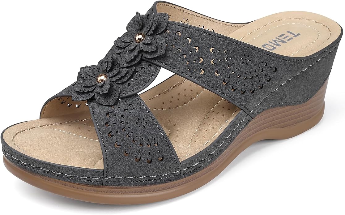 TEMOFON Womens Wedge Sandals Leather: Dressy Sandal, Rubber Sole, Comfortable - Image 6