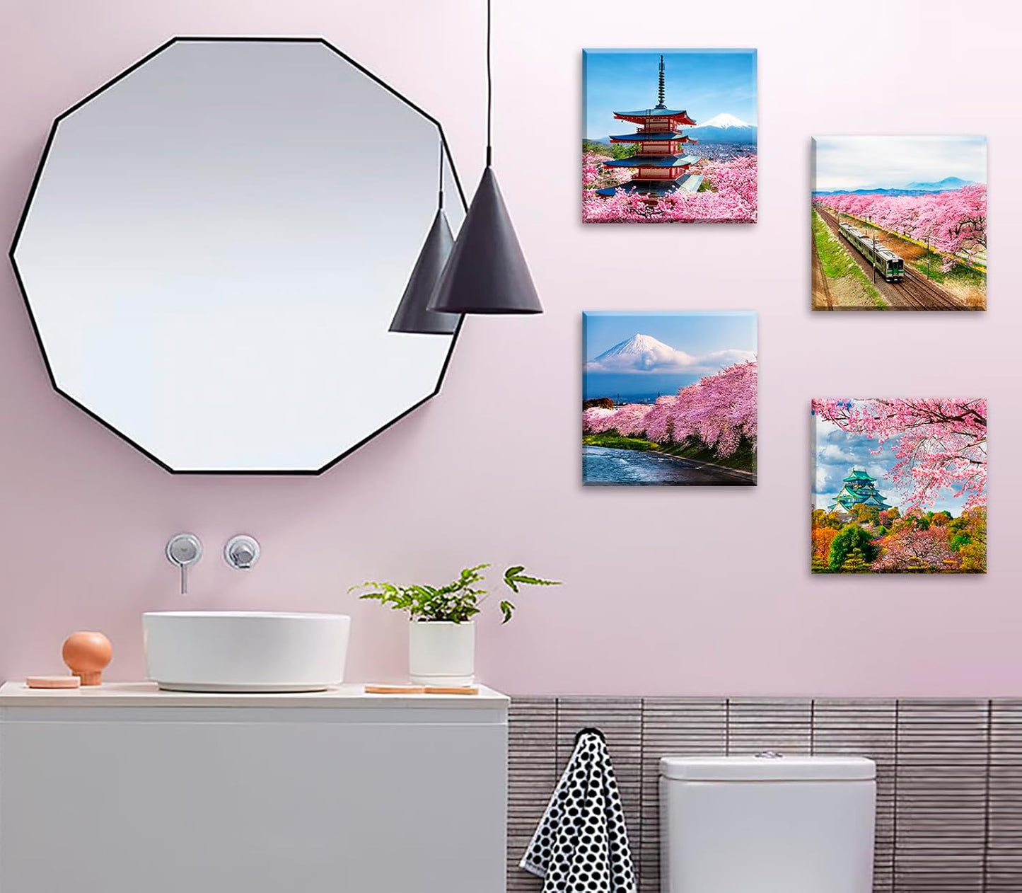 Japanese Cherry Blossom Wall Art - Asian Nature Landscape Romantic Canvas Prints Japanese Mount Fuji Posters Spring Scenery Pictures Modern Artwork for Bedroom Living Room Home Decoration 12"X12"X4
