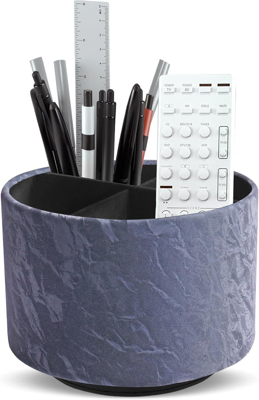Hennaja Round Leather Art Supply Organizer,Remote Control Holder,360 Degree Spinning,Multi-Functional Pencil Holder,4 Compartments Desktop Stationary Organizer(1-Hill Blue)