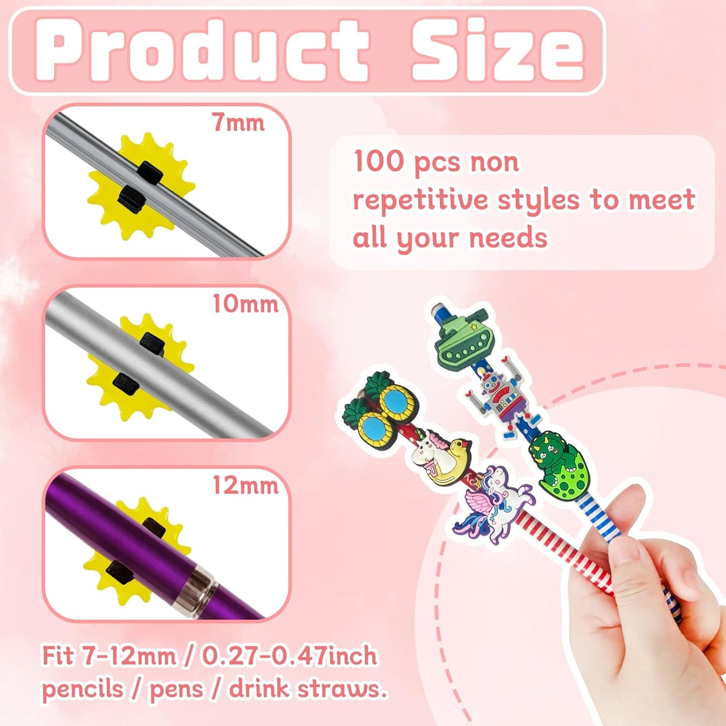 100 Pcs Cute Pencil Topper Decoration,Bulk Random Pencil Topper Accessories,Different Pencil Clips Decorations for Pupil/Junior Students Gifts,Awards,Prize
