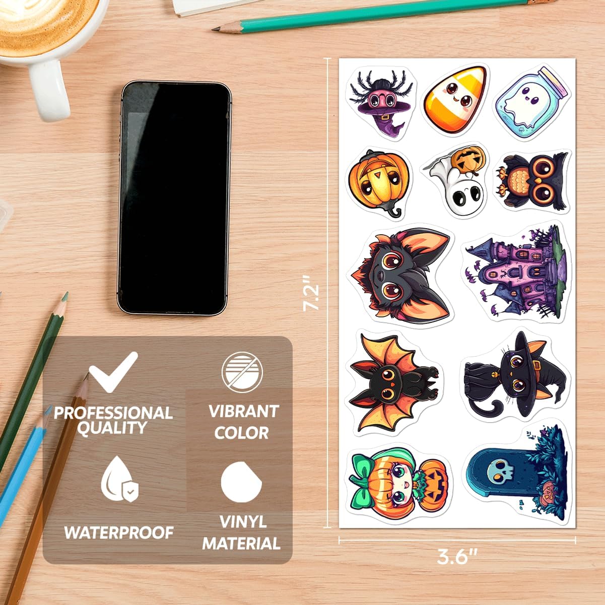 Halloween Style Cartoon Stickers Pack Cute Ghost Witch Pumpkin Cat Designs Vinyl Waterproof Non Repeating Holiday Party Decor for Kids Teens Lovers 108Pcs Hat Skateboard