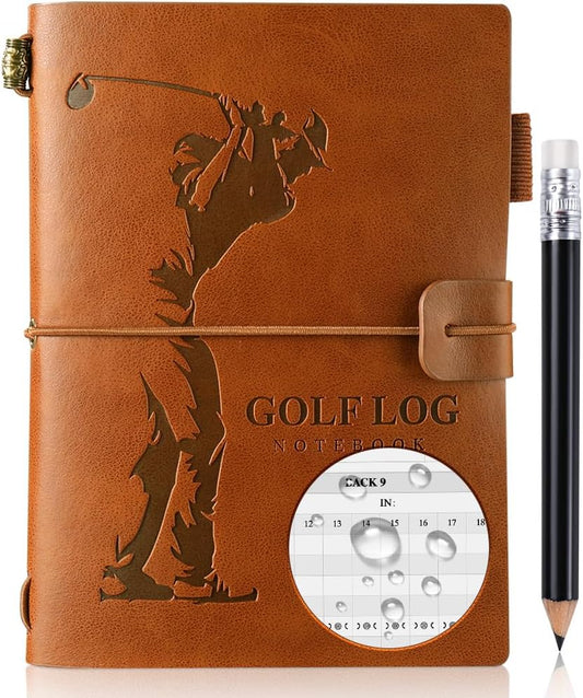 Golf Scorecard Book with Pencil - Waterproof Leather Cover & Inner Pages, 4.5"×6" Pocket Golf Scorecard Notebook with Terminology Guide, Includes FIR/Gir Stats Sheets, 18-Hole Tracker