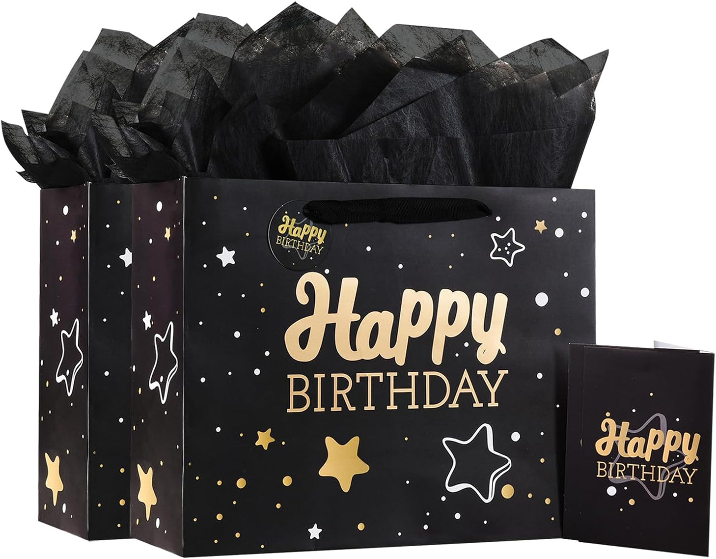 13" Black Happy Birthday Gift Bag with Tissue Paper and Greeting Card for Party,Happy Birthday Gift Bag for Men Women,Gift Bags Medium size(2 PCS Black Hot Stamping)