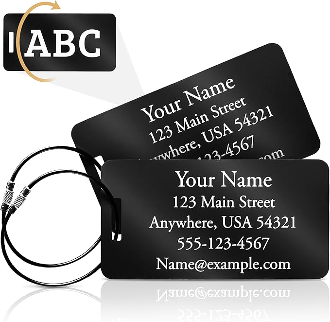 Two Custom Engraved Aluminum Luggage Tags by CoveEngraving