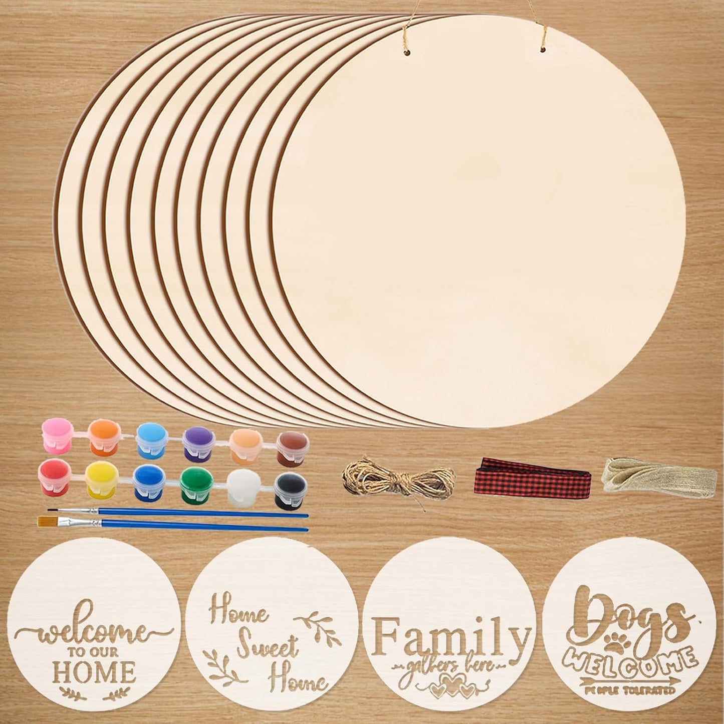 12 Inch Wood Circles for Crafts, 10Pcs Unfinished Wood Rounds with 4 Stencils & 12 Painting, DIY Wooden Crafts for Door Hanger, Sign, Wood Burning, Painting, Christmas Thanksgiving Day Decor