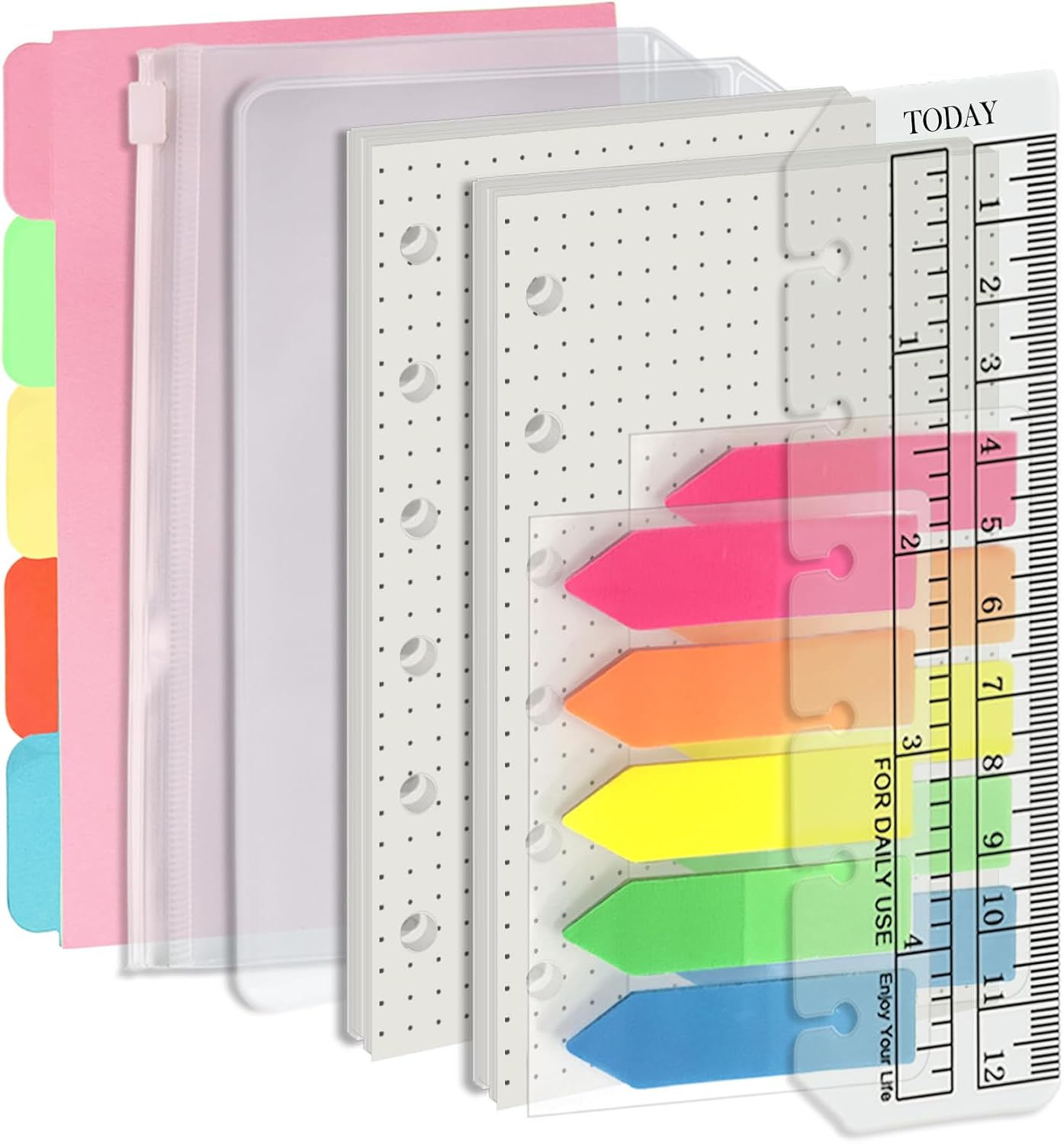 Harphia A7 6 Holes Binder Refill Value Set, 90sheets dotted loose leaf paper with stickers and dividers, planner inserts with binder pockets for A7 binder 6 holes refillable notebook,005dA7dot