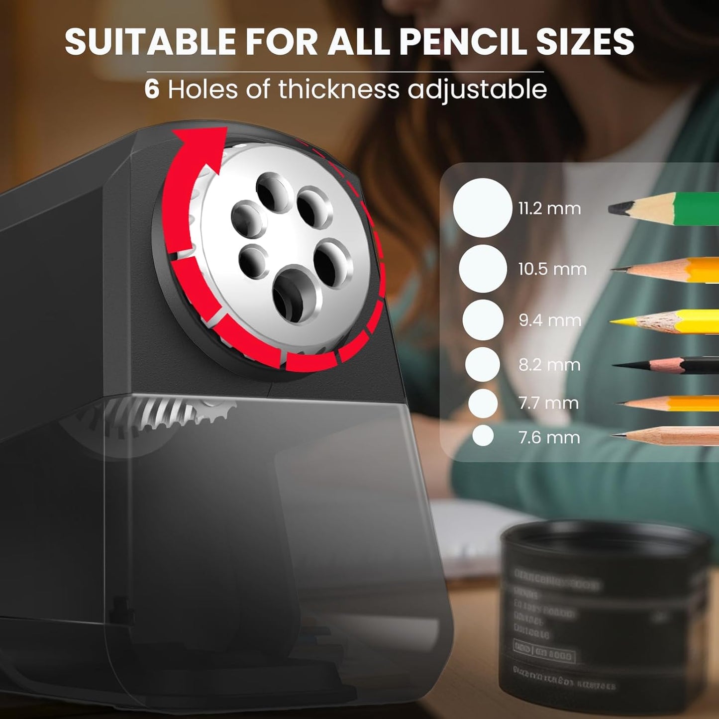 Heavy Duty Electric Pencil Sharpener – 6-Hole for 6-12mm Pencils, Auto Start/Stop, Fast 4s Sharpening, Zinc Alloy Blade, 10,000+ Sharpenings – Ideal for Classroom, Office & Art Use