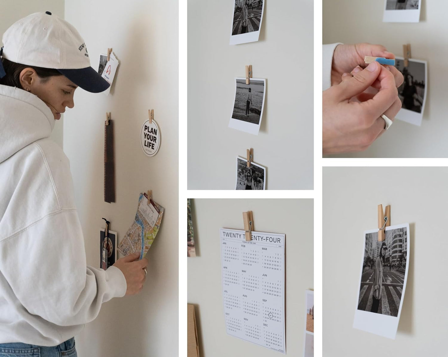 20 Pack Mini Self Adhesive Clips for Pictures - Beige Wood Clip Photo Holders for Wall, Poster Hanger, Photo Cards Hanging Display Board & Picture Boards, Artwork Photos Holders Hangers Room Decor