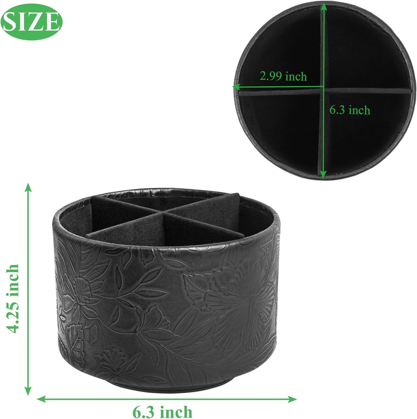 Hennaja Round Leather Art Supply Organizer,Remote Control Holder,360 Degree Spinning,Multi-Functional Pencil Holder,4 Compartments Desktop Stationary Organizer(1-Carved Black)