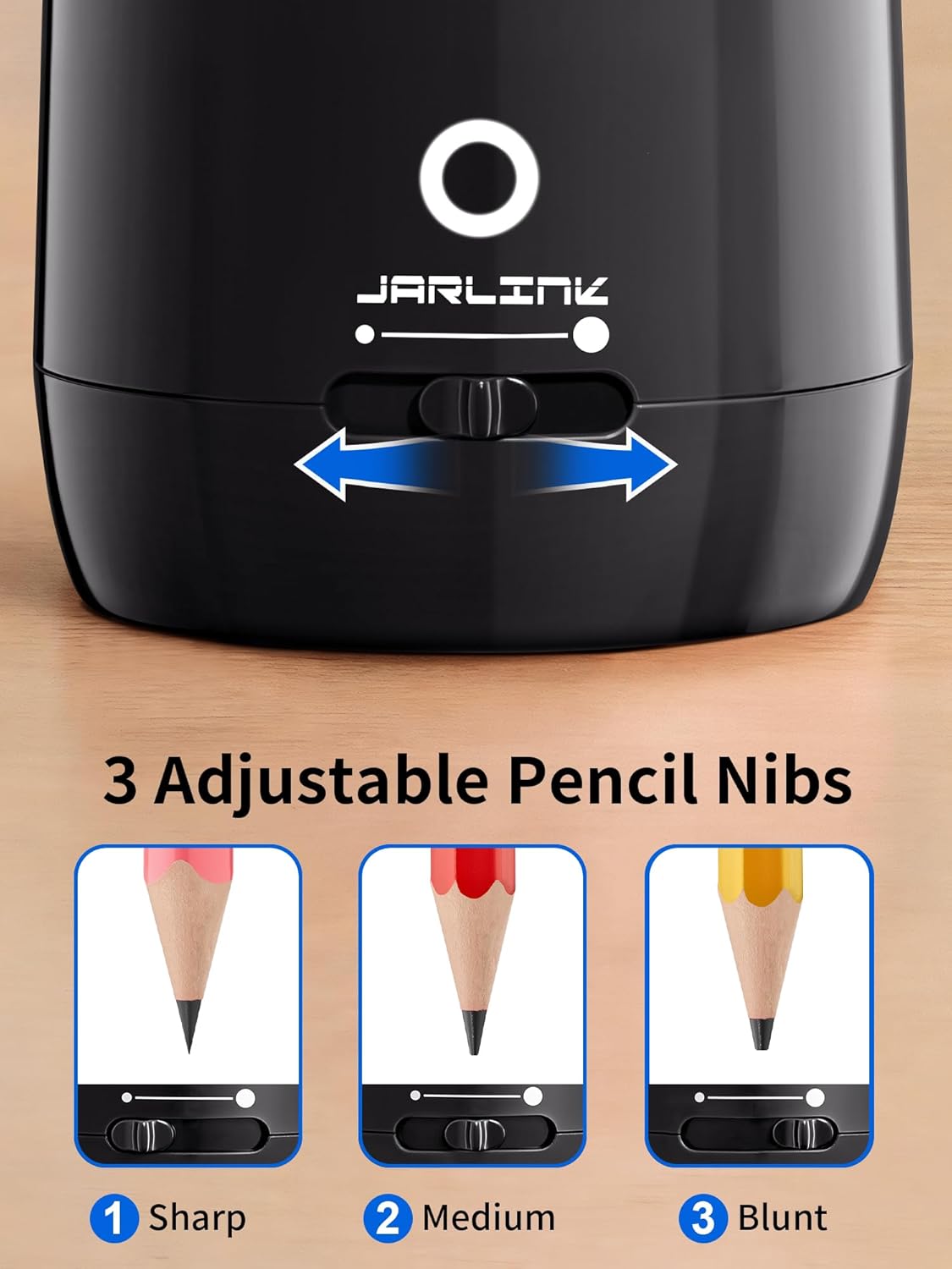 JARLINK Automatic Electric Pencil Sharpener - Hands-Free Operation, 3 Sharpness Modes, 3-Second Sharpening, Rechargeable & Portable for 7-12mm Pencils, Ideal for Classroom and Home Use (Black)
