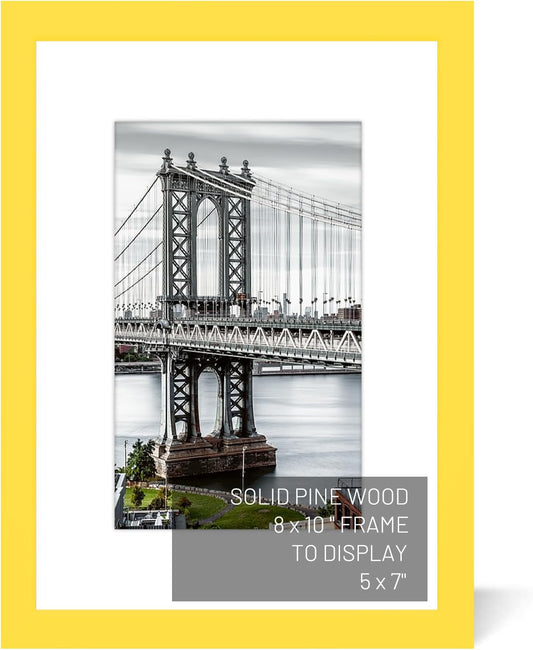 8x10 Picture Frames Solid Wood Display Pictures 5x7 with Mat or 8x10 Frame without Mat Poster Photo Frame Art with 1 Mats for Wall Mounting or Table Top(Yellow)
