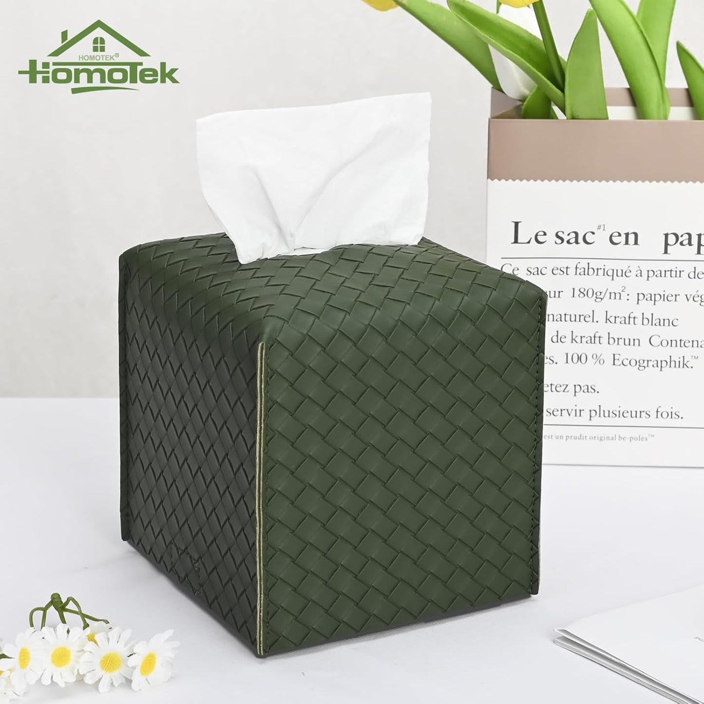 HOMOTEK 2 Pack Tissue Box Cover, Square PU Leather Tissue Holder, Decorative Facial Tissue Cube Paper Organizer Dispenser for Bathroom, Night Stands, Desk, Car 5X5X5'' - Woven Waffle,Emerald Green