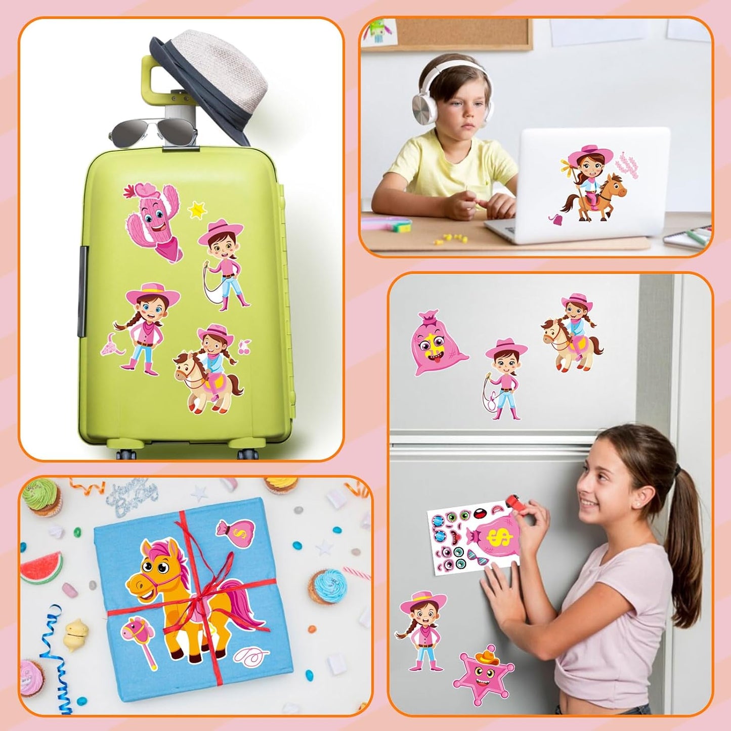 24 Sheets Cowboy Cowgirl Stickers for Kids, Country Western Cowgirl Make a Face Sticker, Make Your Own Stickers Sheets, Pink Cool Theme Art Craft Supplies