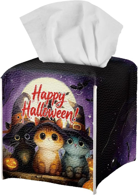 Happy Halloween Tissue Box Cover Square Tissue Box Holder 5x5x5 inch Napkin Dispenser Organizer with Cat Print Holiday Home Decor for Car Office Living Room