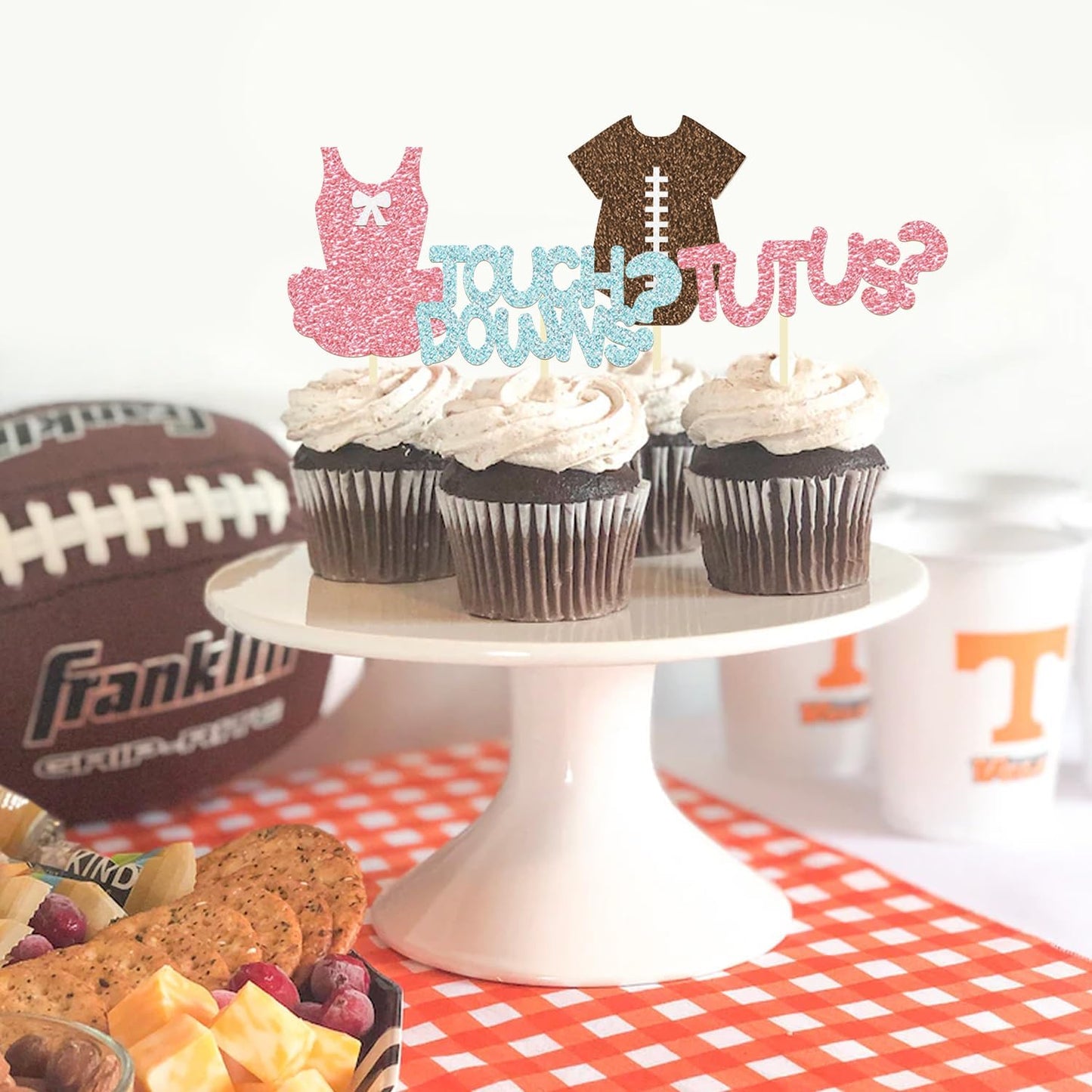 24 Pack Glitter Football Gender Reveal Tutus or Touchdowns Cupcake Toppers Picks Boy or Girl Rugby Birthday Cake Toppers for Gender Reveal Baby Shower Birthday Party Decorations (Tutus or Touchdowns)