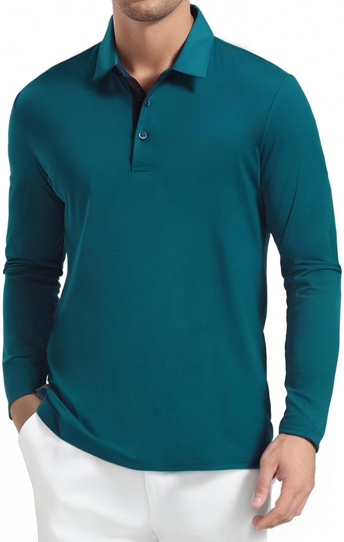 Alex Vando Mens Golf Shirt Moisture Wicking Quick-Dry Solid Long Sleeve Polo - Image 2