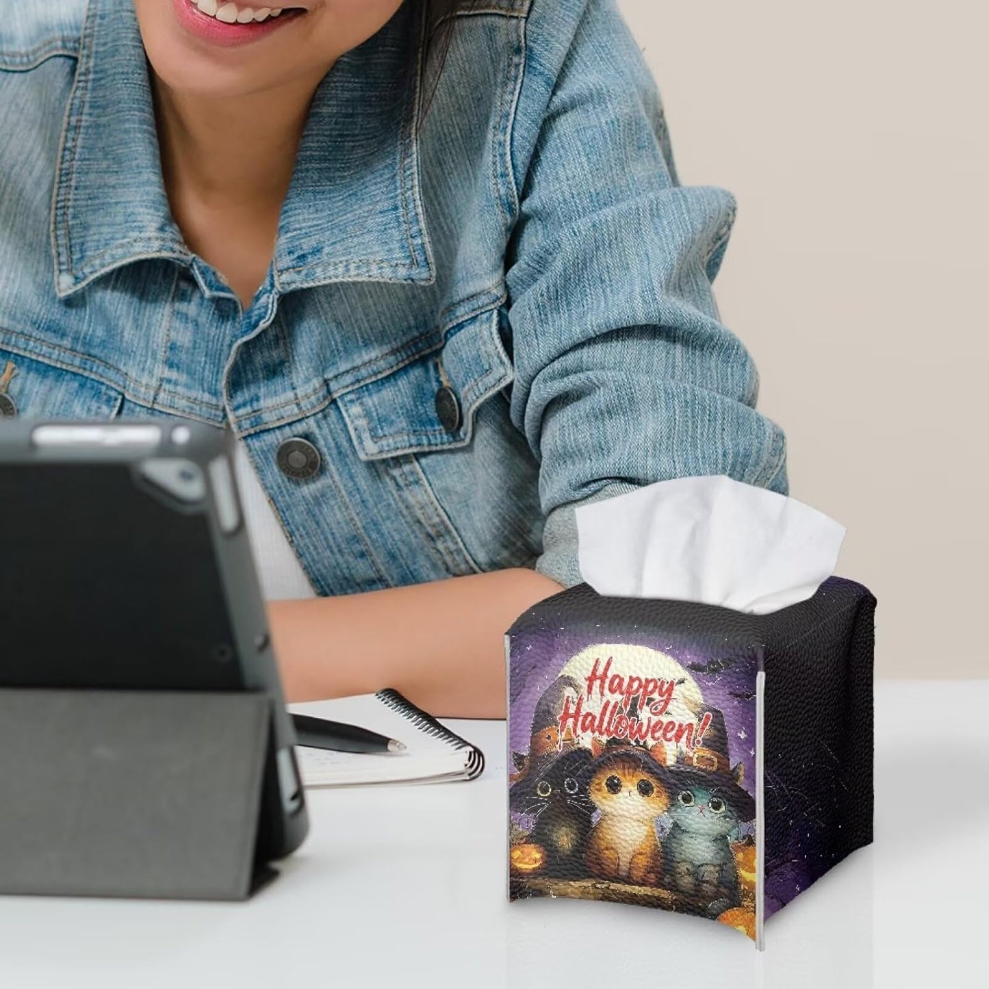 Happy Halloween Tissue Box Cover Square Tissue Box Holder 5x5x5 inch Napkin Dispenser Organizer with Cat Print Holiday Home Decor for Car Office Living Room