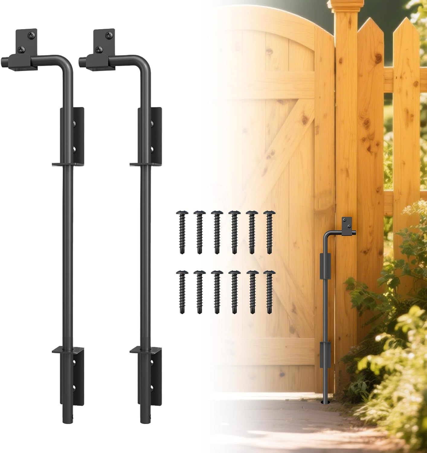 24" Heavy Duty Cane Bolts for Gates with Upgraded Square Hardware Gate Drop Rod with Black Finish for Wood PVC Vinyl Fences Gates, Double Doors-2 Pack