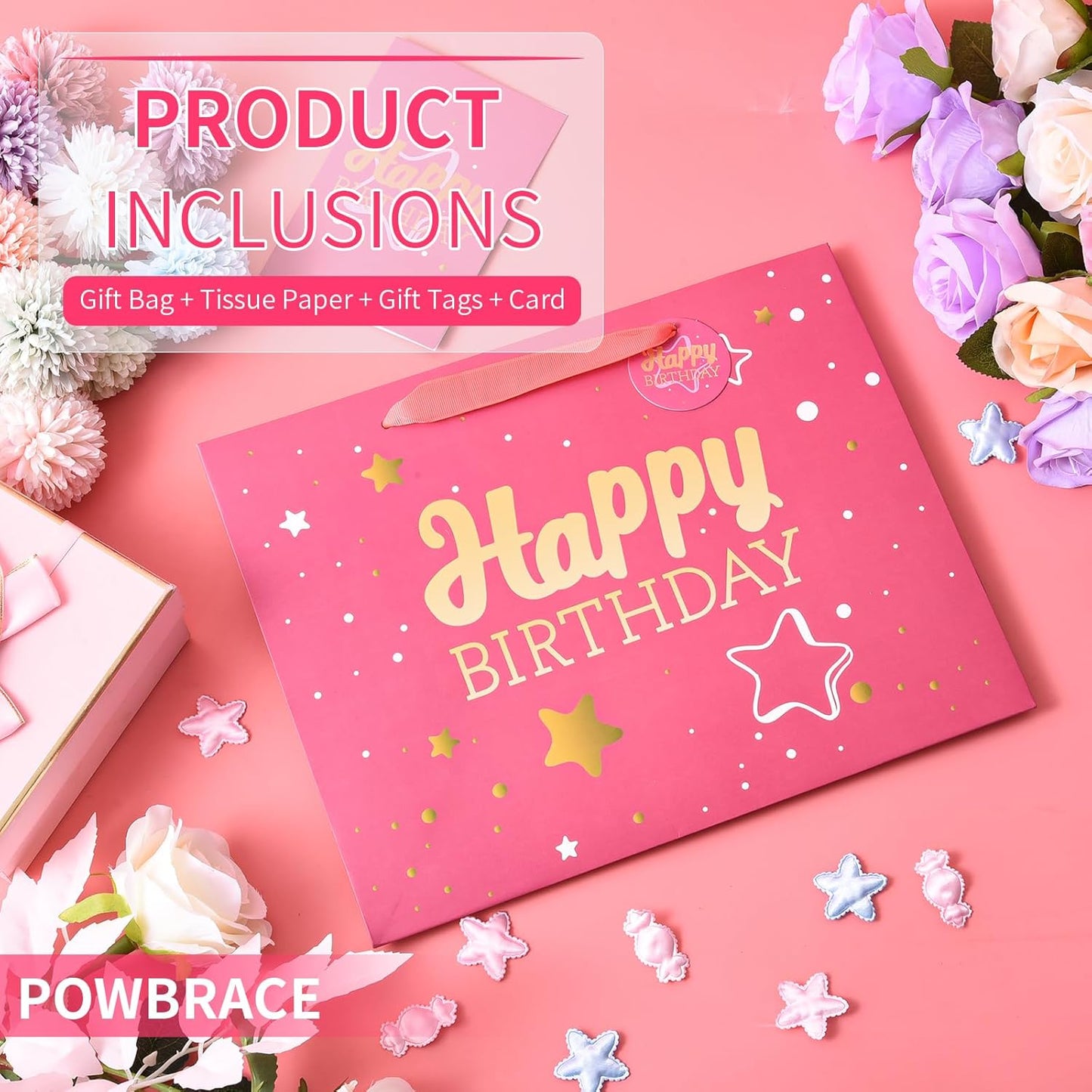 13" Pink Happy Birthday Gift Bag with Tissue Paper and Greeting Card for Party,Happy Birthday Gift Bag for Men Women,Gift Bags Medium size(2 PCS Pink Hot Stamping)