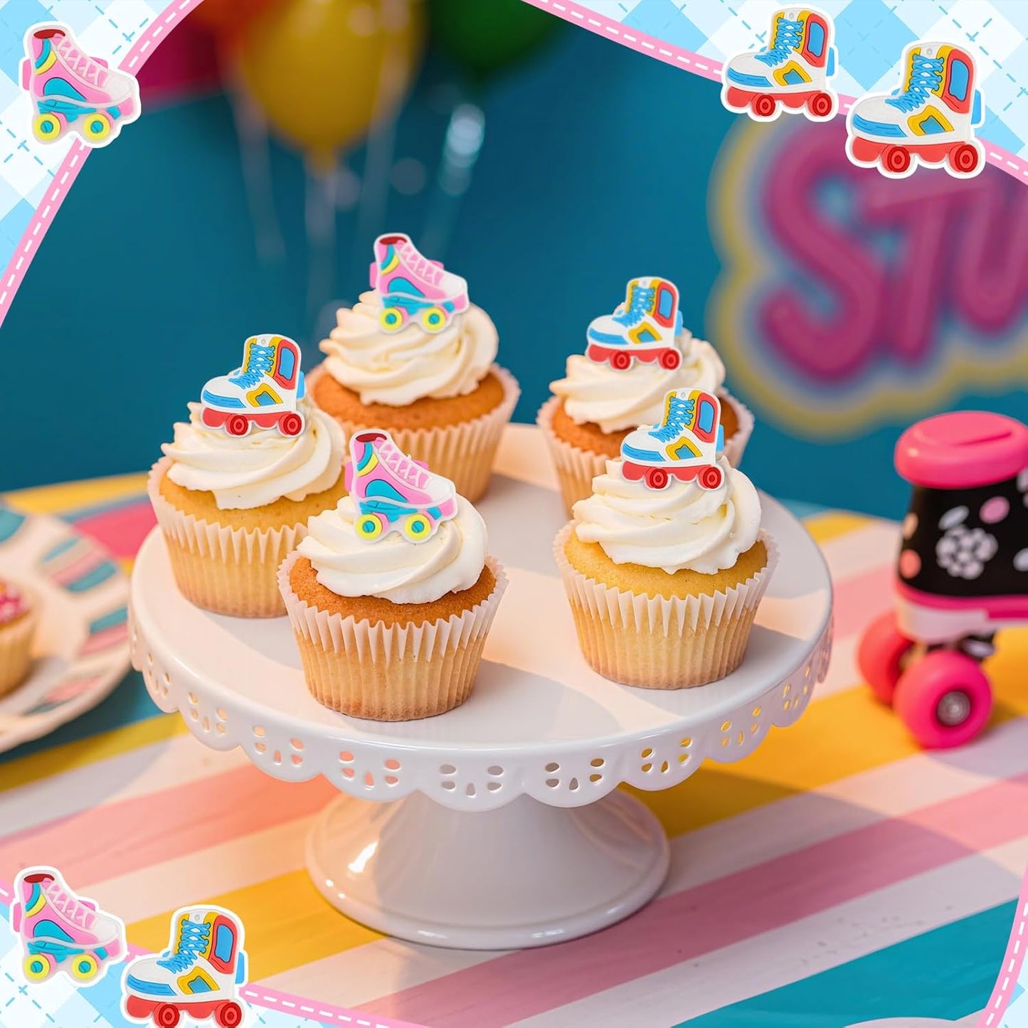 24PCS Roller Skate Cupcake Ring Toppers Roller Skating Cupcake Topper Hip Hop Party Cake Decorations for Roller Skate Theme Party Baby Shower Happy Birthday Supplies