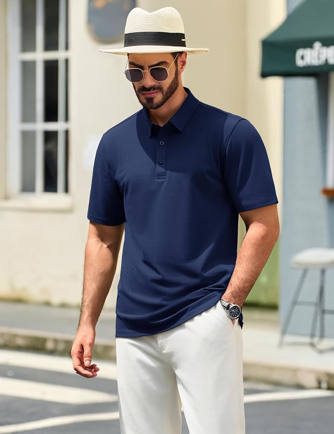 TACVASEN Mens Polo Shirts Short Sleeve Pique 3 Buttons Golf Polo Cooling - Image 3