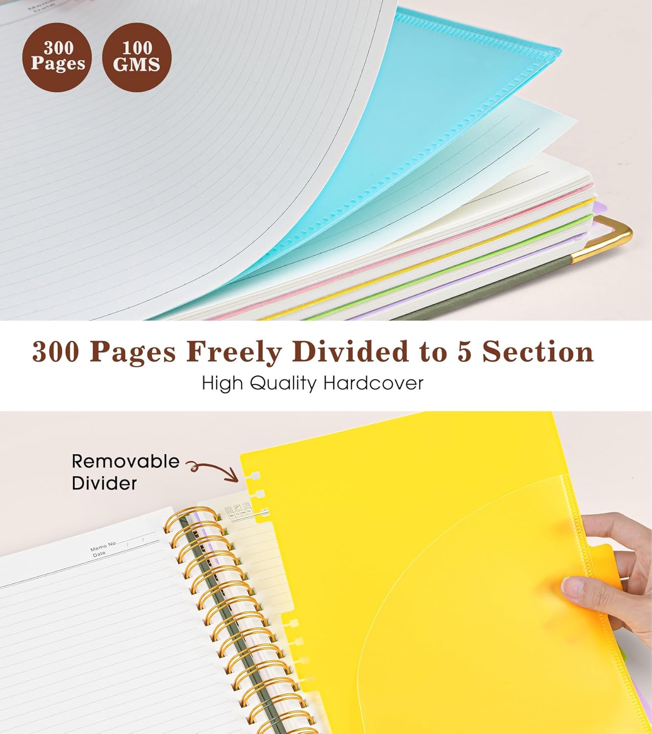 Hardcover Large Spiral Notebook 8.5" x 11" with Removable Dividers Tabs, 300 pages Leather 5 Subject Notebook College Ruled, A4 Journal for Women Men, Notebooks for Work School Note taking, Green
