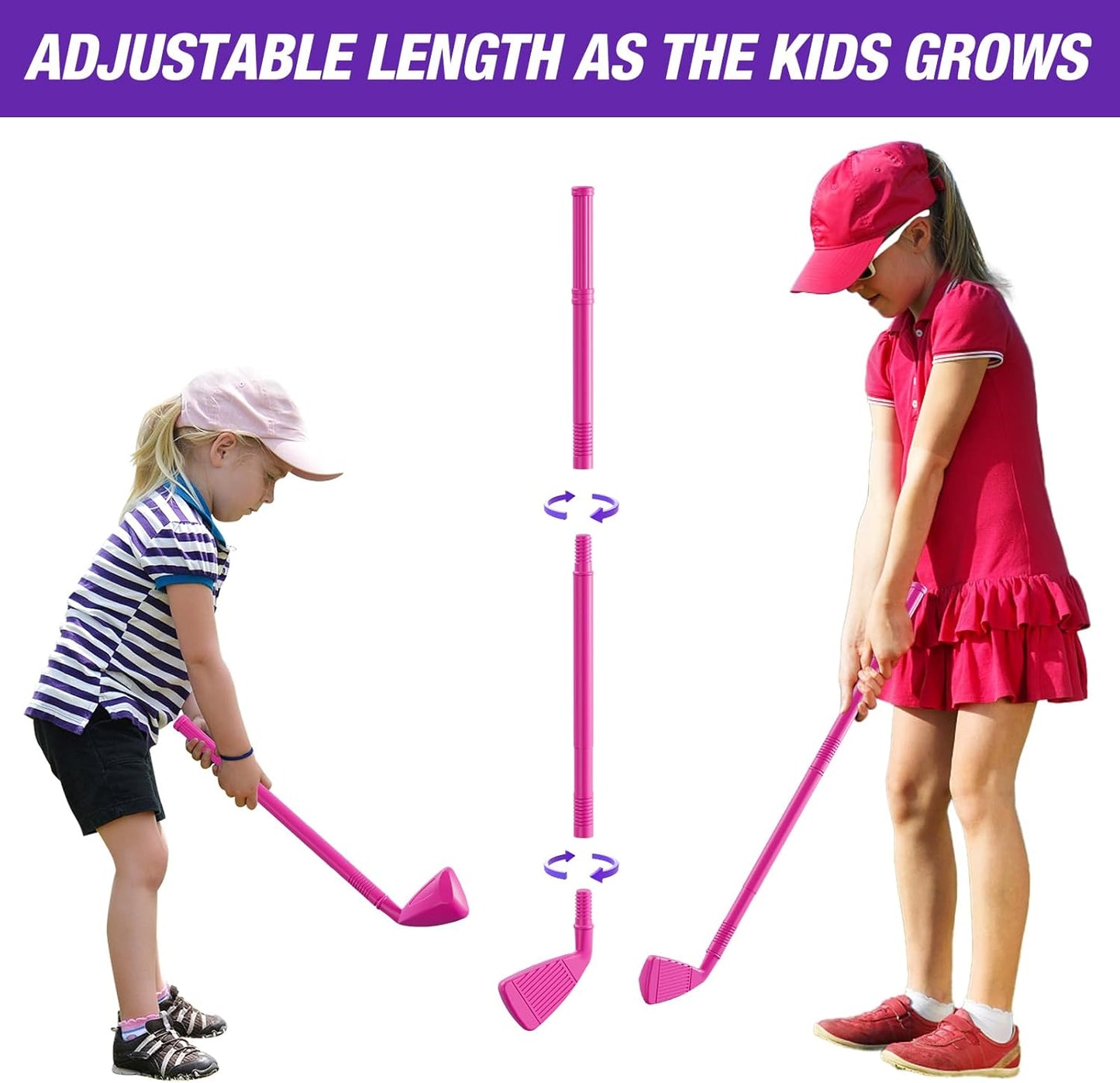 2 in 1 Toddler Golf Set 2-4 Years, Upgraded Kids Plastic Golf Clubs with 12 Balls, Cornhole Board & Putting Mat, Shoulder Strap, Indoor Outdoor Sport Toys Gift for Baby Boys Girls Aged 3-5, Pink