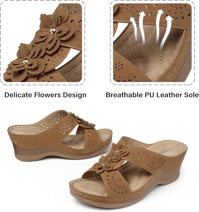 TEMOFON Womens Wedge Sandals Leather: Dressy Sandal, Rubber Sole, Comfortable - Image 4