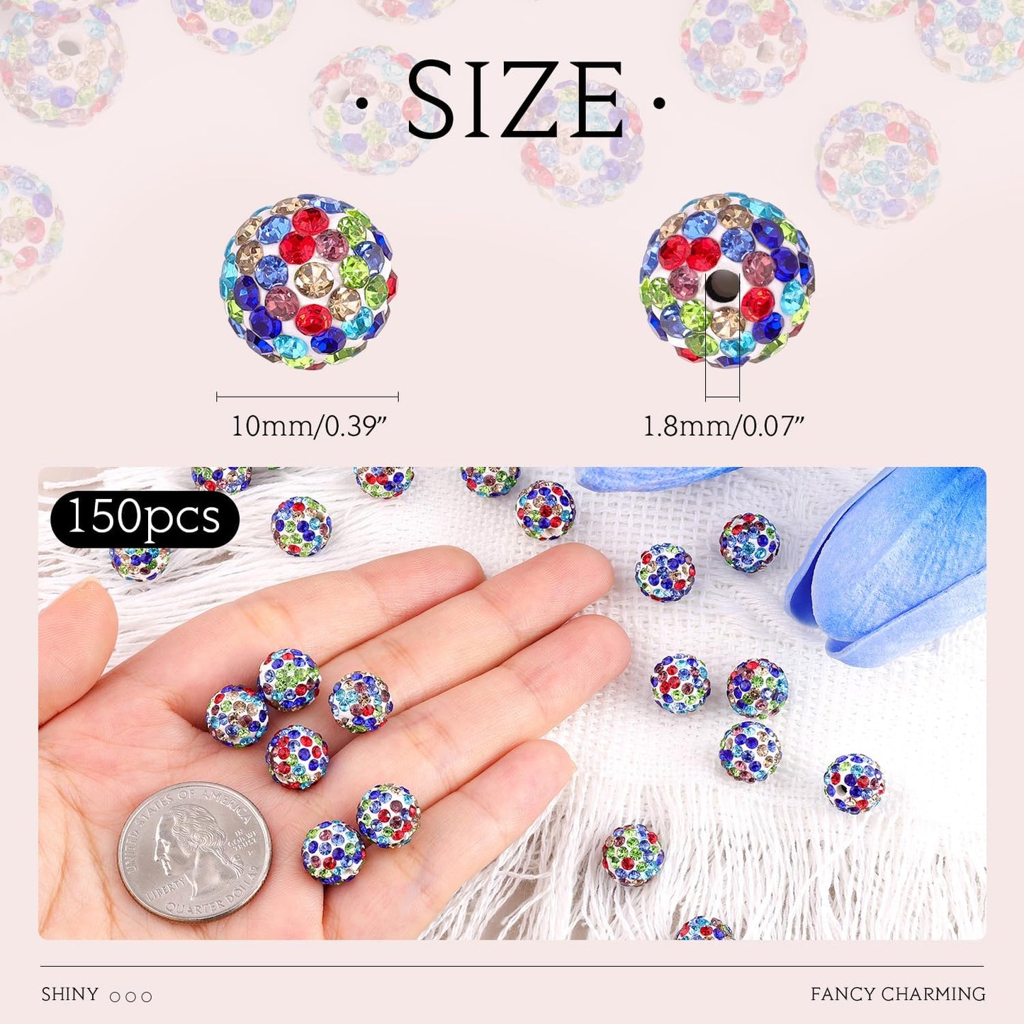 150pcs 10mm Rhinestone Beads for Jewelry Making, White Mixed Shiny Round Shamballa Disco Beads Bulk, Sparkle Crystal Clay Christmas for Bracelet Baseball Necklace Earring Crafting and DIY