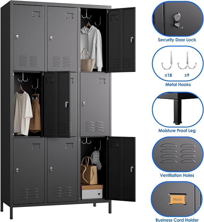 METAN Metal Locker for School Office Gym Bedroom, 9 Doors Black Steel Storage - Image 4