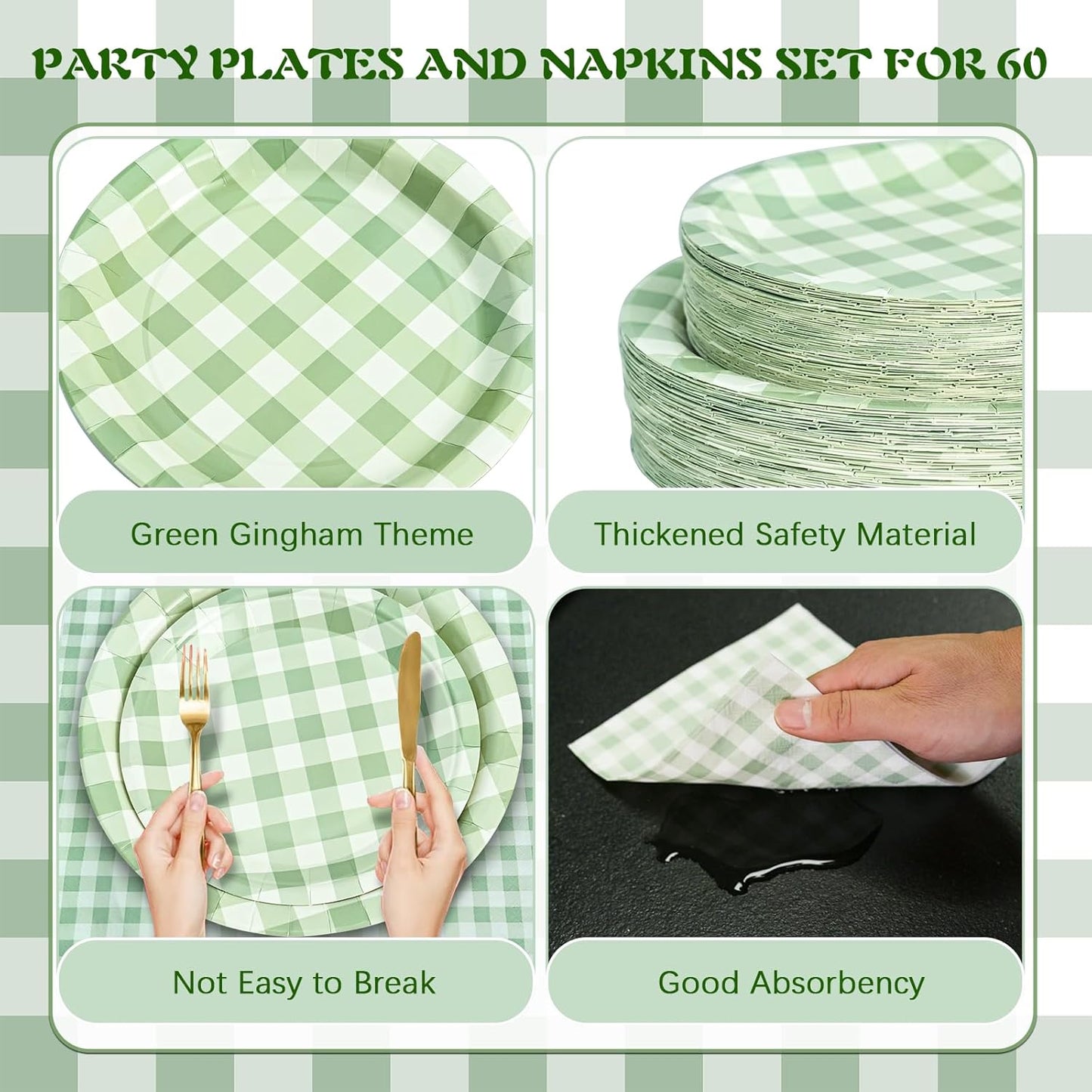 180Pcs Green Gingham Party Supplies Paper Plates and Napkins Serve 60 Disposable Tableware Set for Birthday Party Decorations Game Day Family School Holiday Sports Events