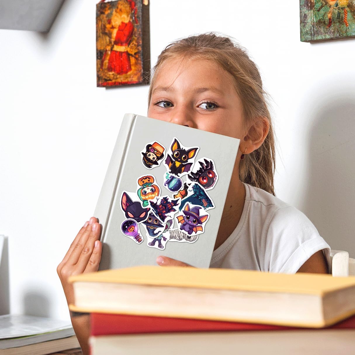 Halloween Style Cartoon Stickers Pack Cute Ghost Witch Pumpkin Cat Designs Vinyl Waterproof Non Repeating Holiday Party Decor for Kids Teens Lovers 108Pcs Hat Skateboard