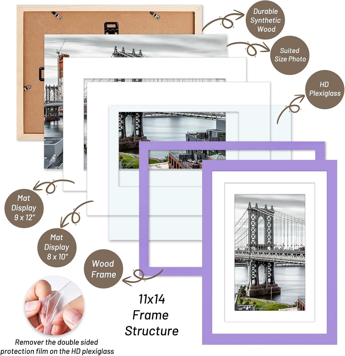 11x14 Solid Wood Picture Frames with 2 Mats for Wall Mounting or Table Top (Purple)