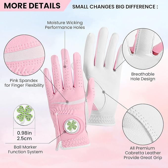 Womens Golf Glove with Clover Ball Marker 1 Pack, All Weather Grip Microfiber & - Image 2