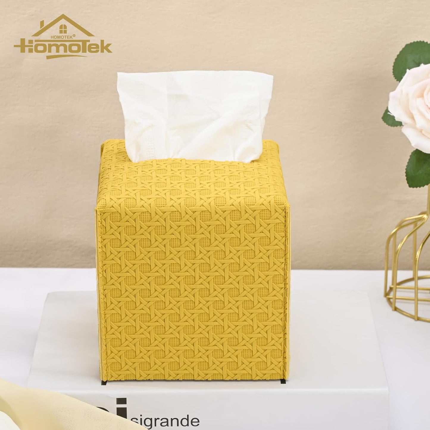 HOMOTEK 2 Pack Tissue Box Cover, Square PU Leather Tissue Holder, Decorative Facial Tissue Cube Paper Organizer Dispenser for Bathroom, Night Stands, Desk, Car 5X5X5'' - Rattan Weave,Mango Yellow