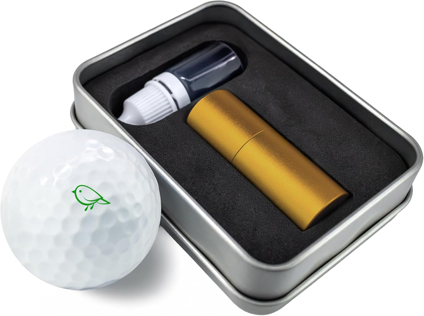 Golf Ball Marker Stamp with TiteSeal™ Technology - Birdie - Metallic Box with Golf Ball Stamp + Refill Ink Bottle - Green