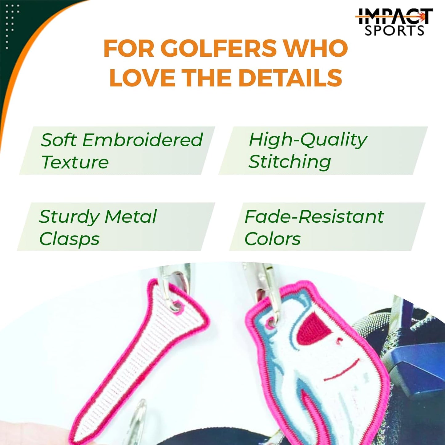 Impact sports Golf Zipper Bag Tags – Set of 4 Fabric Golf-Themed Zipper Pulls – Includes Golf Ball, Glove, Tee, and Phone Tag – Stylish and Functional Golf Bag Accessories