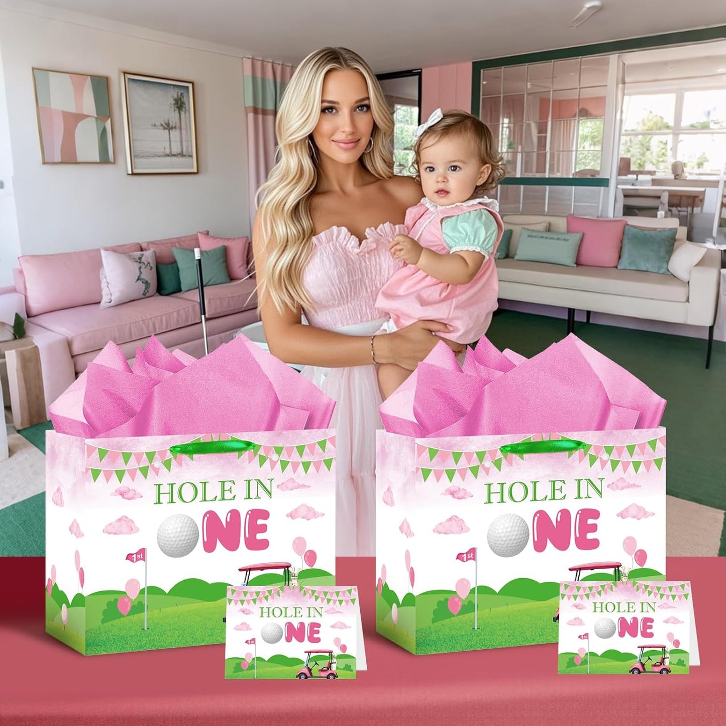 Hole in One Birthday Decorations Pink Hole in One Gift Bag Pink Green Golf First Party Bag Christmas 1st Birthday Wrapping Bag with Card and Tissue Papers for Girls Newborn Baby Shower Party Supplies