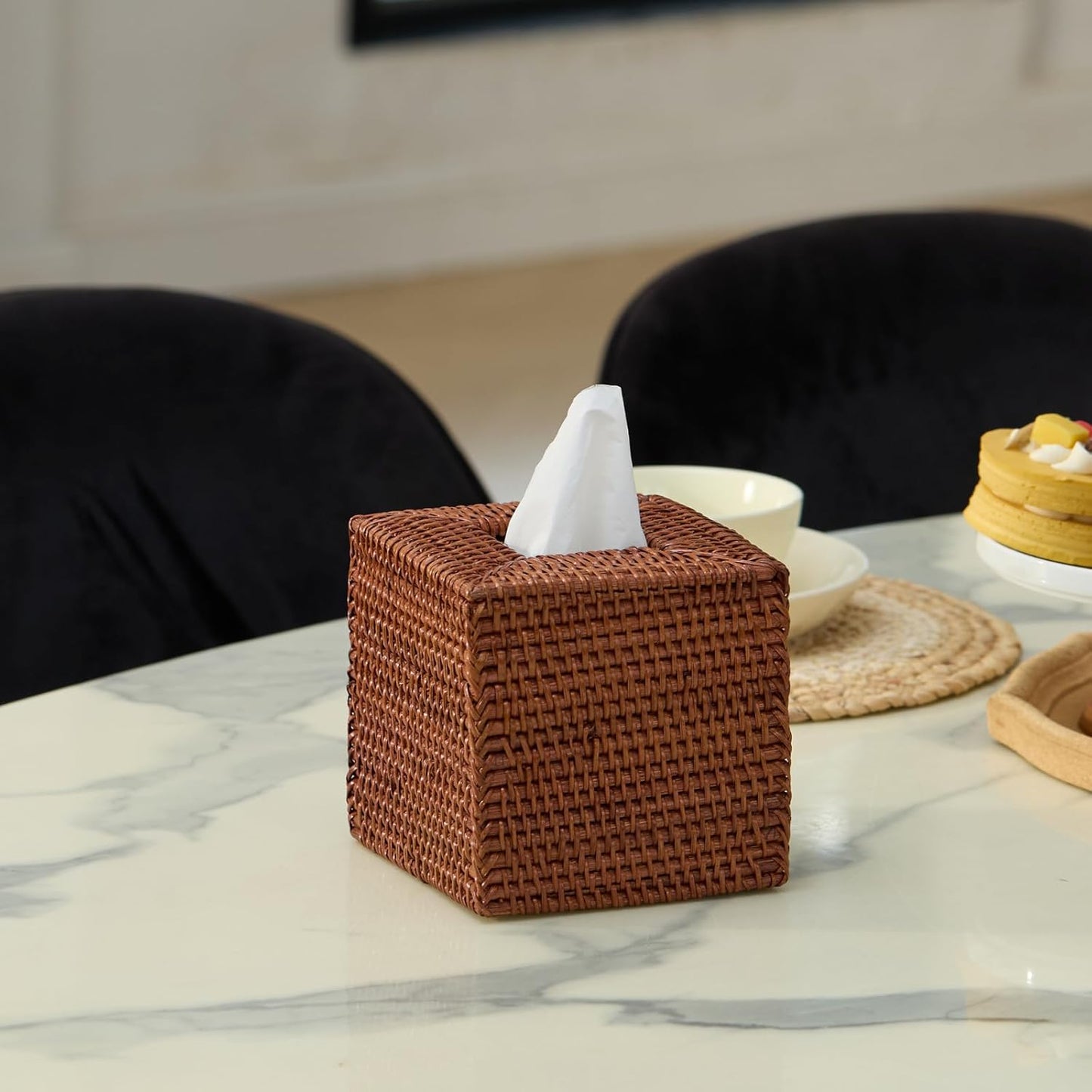 2 Pack Square Rattan Tissue Box Cover, Hand Woven Wicker Tissue Holder, 5.5 x 5.5 X 5.7 inches, Brown