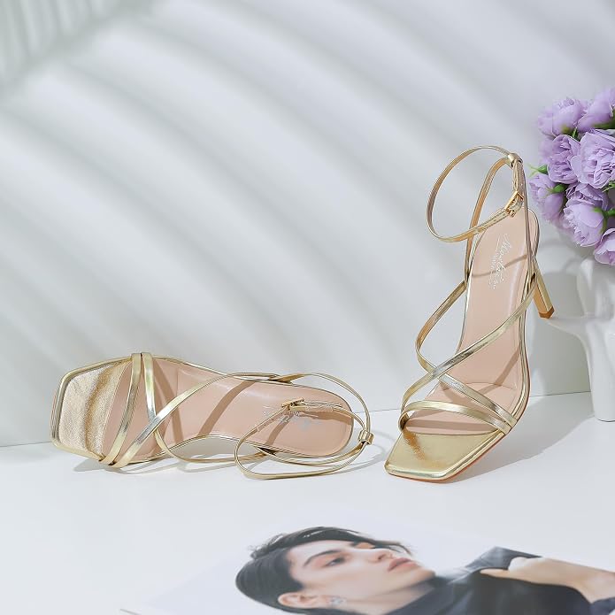 Mostrin Strappy Heels for Women Square Open Toe Lace Up Heeled Sandals Ankle - Image 6