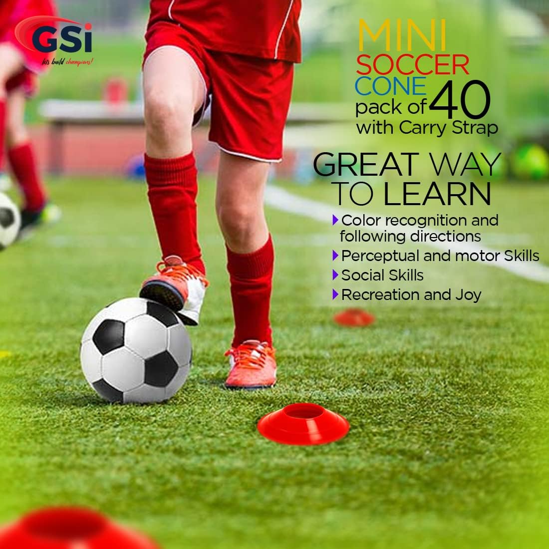 GSi Sports Cones | 40 Pack Training Cones with Strap for Agility Drills, Soccer, and Sports Practice and Shapes