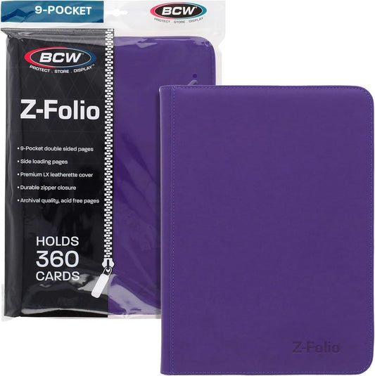 BCW Z-Folio 9-Pocket LX Album - Purple | Secure Zipper Card Organizer | Premium Leatherette Card Collection Binder | Trading Card Binder for Pokemon, MTG, Sport Cards and More