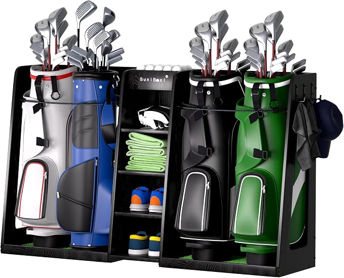 Wooden Golf Storage Organizer for Garage, Premium Golf Bag Holder Rack for by SUNIBOXI