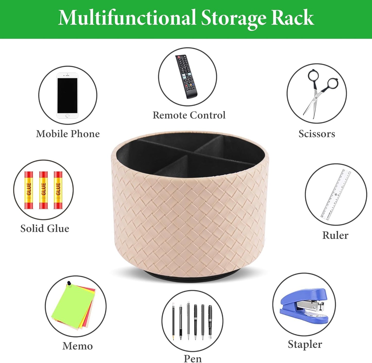 Hennaja Round Leather Art Supply Organizer,Remote Control Holder,360 Degree Spinning,Multi-Functional Pencil Holder,4 Compartments Desktop Stationary Organizer(1-Weave Khaki)